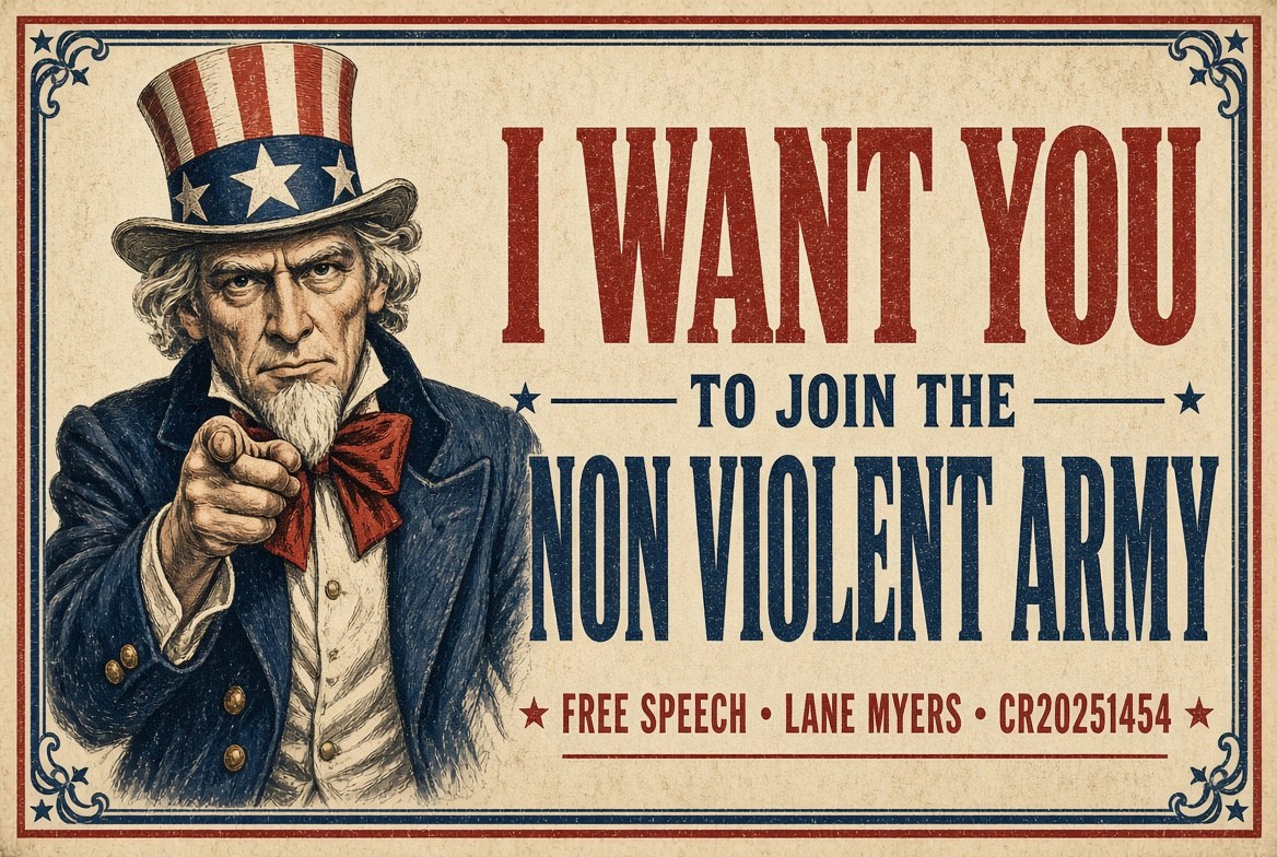 I want you to join the Non Violent Army — free speech, Lane Myers, CR20251454